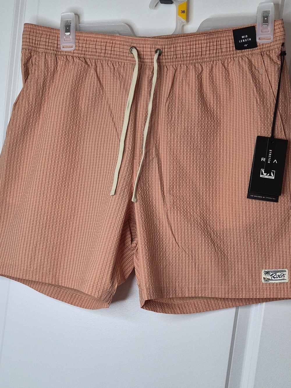 RVCA Men's Peach Seersucker Swim Shorts with Drawstring Size L